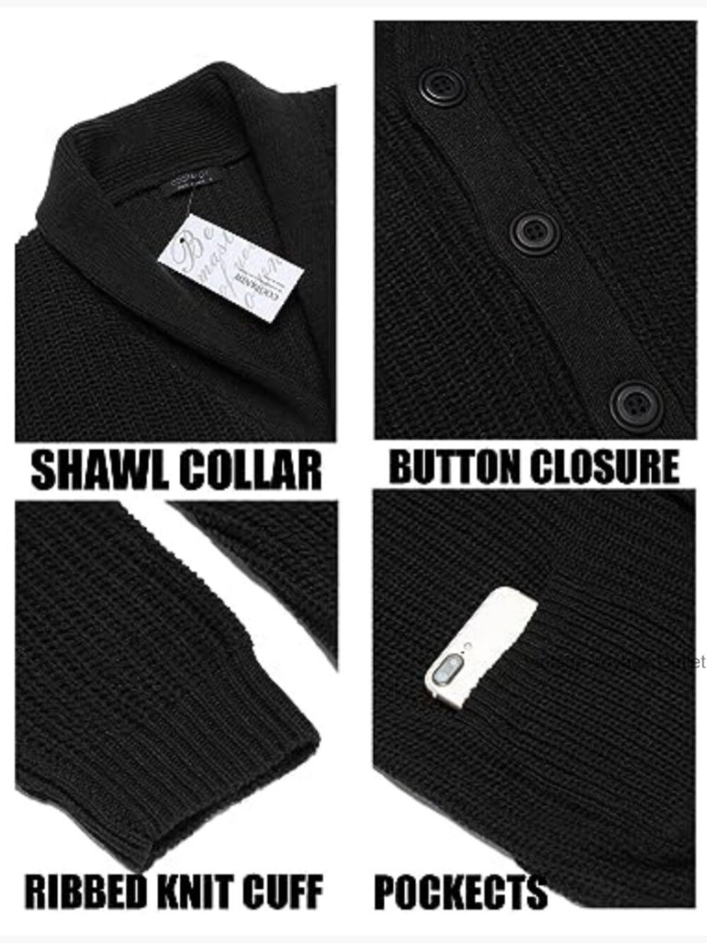 Slim Fit Cardigan Sweater Shawl Collar Cable Knit Button Up Pockets - Picture 5 of 7